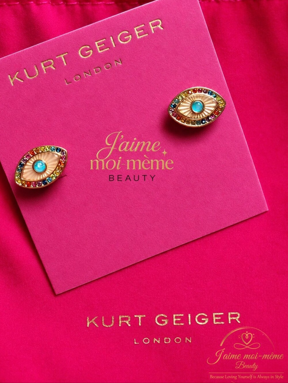 Kurt Geiger Gold Evil Eye Stud Earrings with Rainbow Multicolor Crystals